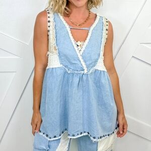 POL Denim Studded Sleeveless Cotton Top with Lace Detail NEW